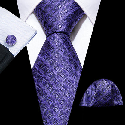 Purple Novelty Plaid Silk Tie, Pocket Square and Cufflinks Set tie sets    - Sophisticated Gentlemen