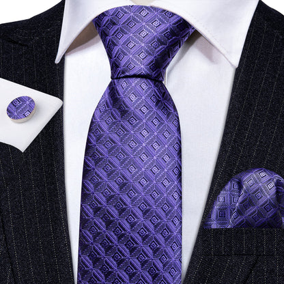 Purple Novelty Plaid Silk Tie, Pocket Square and Cufflinks Set tie sets    - Sophisticated Gentlemen