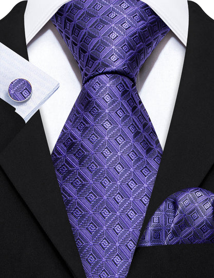 Purple Novelty Plaid Silk Tie, Pocket Square and Cufflinks Set tie sets    - Sophisticated Gentlemen