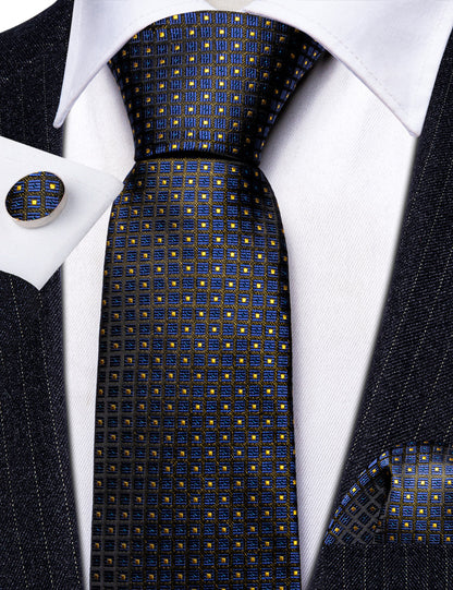 Dark Blue Yellow Plaid Paisley Silk Tie, Pocket Square and Cufflinks Set tie sets    - Sophisticated Gentlemen