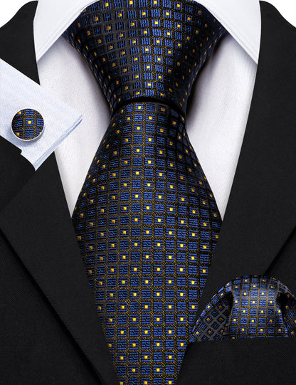 Dark Blue Yellow Plaid Paisley Silk Tie, Pocket Square and Cufflinks Set tie sets    - Sophisticated Gentlemen
