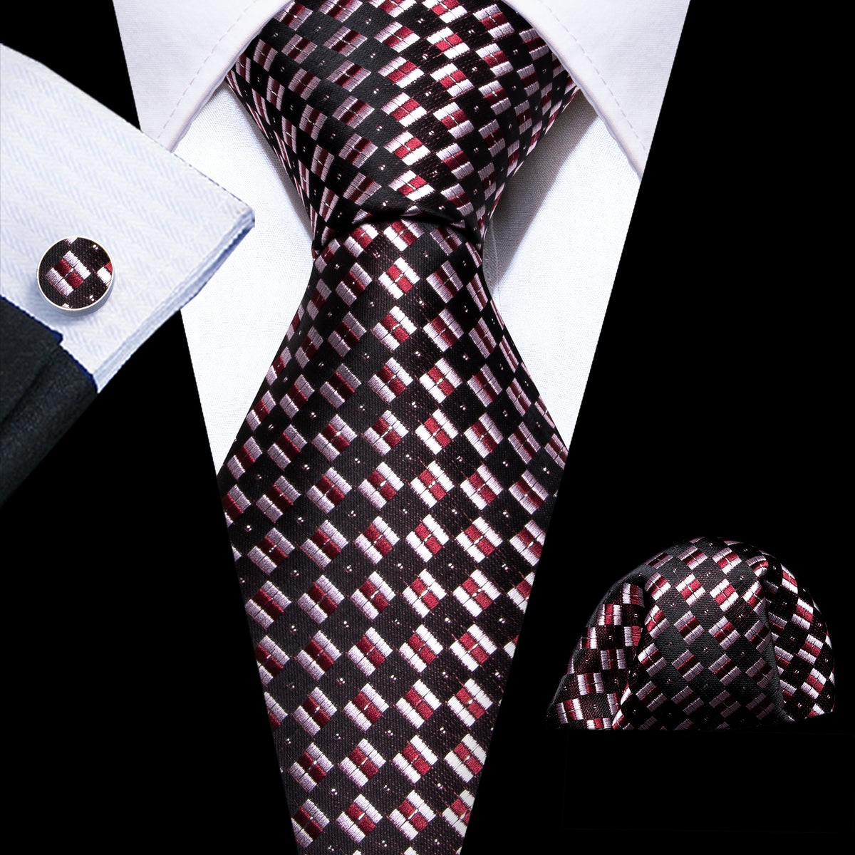 Black Pink Plaid Silk Tie, Pocket Square and Cufflinks Set tie sets    - Sophisticated Gentlemen