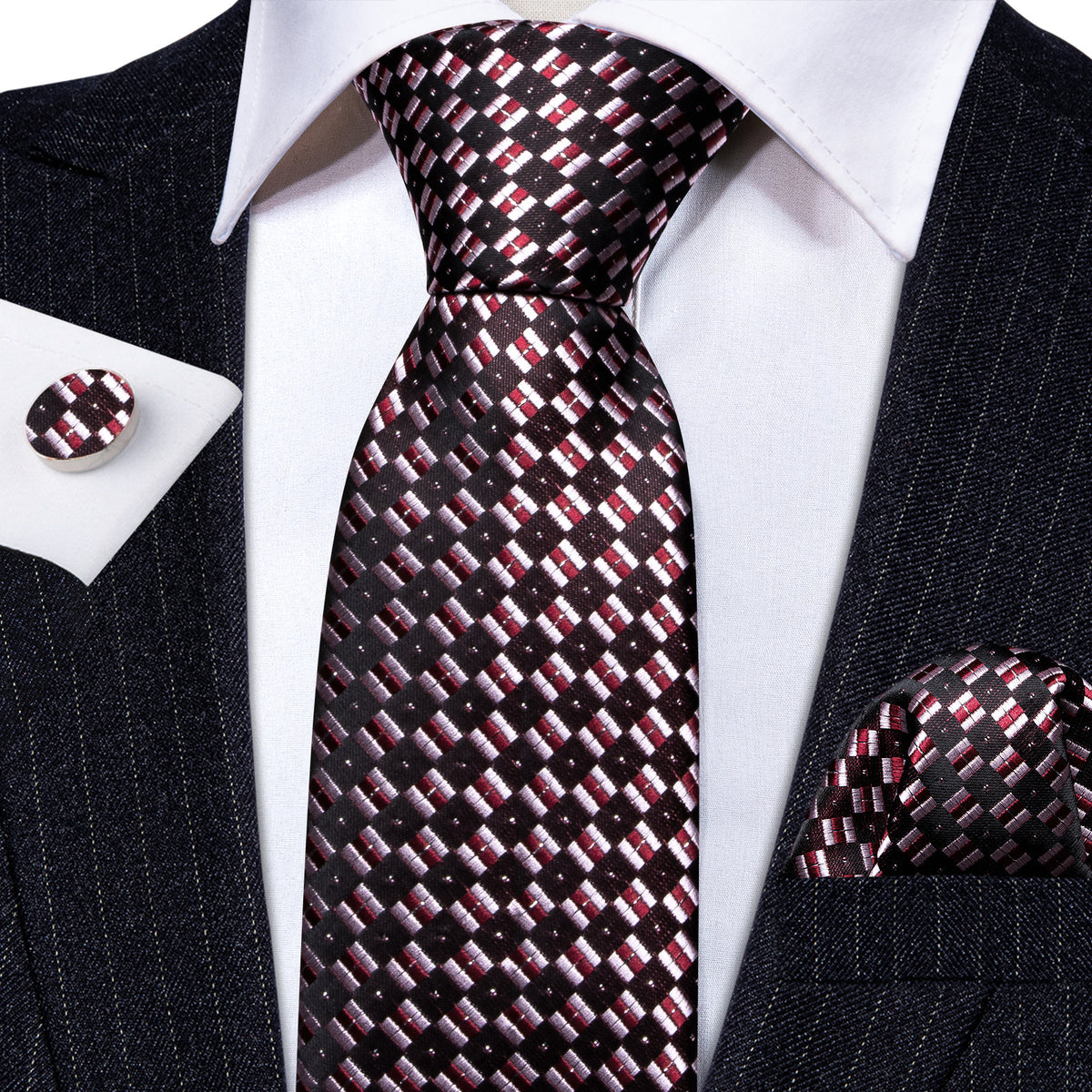 Black Pink Plaid Silk Tie, Pocket Square and Cufflinks Set tie sets    - Sophisticated Gentlemen