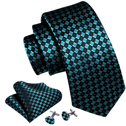 Blue Black Plaid Checkered Tie, Pocket Square and Cufflinks Set tie sets    - Sophisticated Gentlemen