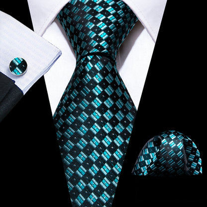 Blue Black Plaid Checkered Tie, Pocket Square and Cufflinks Set tie sets    - Sophisticated Gentlemen