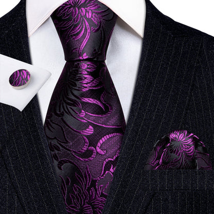 Purple Black Paisley Silk Tie, Pocket Square and Cufflinks Set tie sets    - Sophisticated Gentlemen