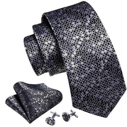 Black White Round Floral Silk Tie, Pocket Square and Cufflinks Set tie sets    - Sophisticated Gentlemen