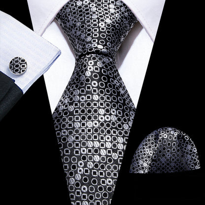 Black White Round Floral Silk Tie, Pocket Square and Cufflinks Set tie sets    - Sophisticated Gentlemen