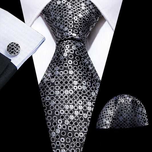 Black White Round Floral Silk Tie, Pocket Square and Cufflinks Set tie sets    - Sophisticated Gentlemen