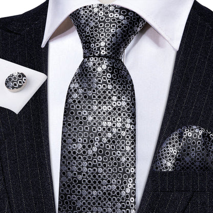 Black White Round Floral Silk Tie, Pocket Square and Cufflinks Set tie sets    - Sophisticated Gentlemen