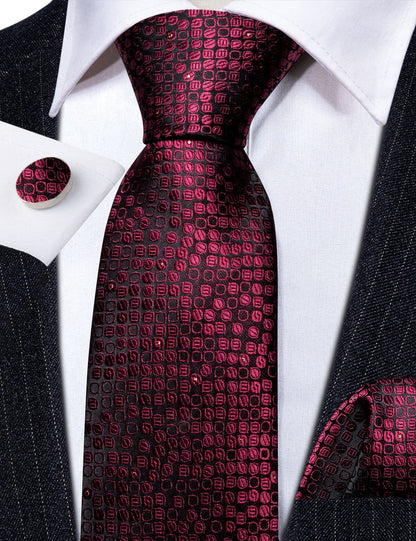 Red Black Round Floral Silk Tie, Pocket Square and Cufflinks Set tie sets    - Sophisticated Gentlemen