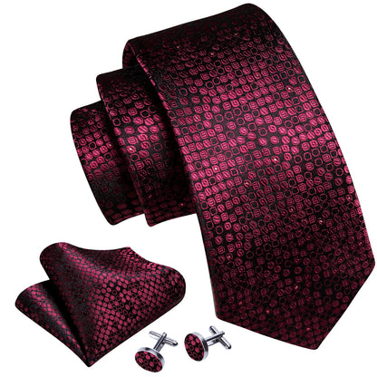 Red Black Round Floral Silk Tie, Pocket Square and Cufflinks Set tie sets    - Sophisticated Gentlemen
