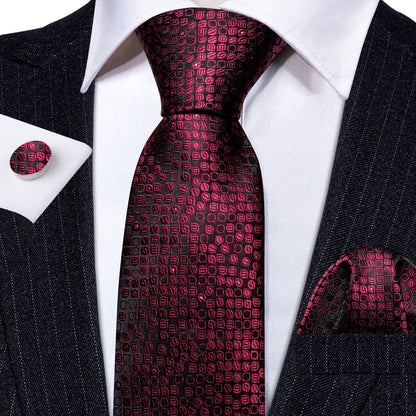 Red Black Round Floral Silk Tie, Pocket Square and Cufflinks Set tie sets    - Sophisticated Gentlemen