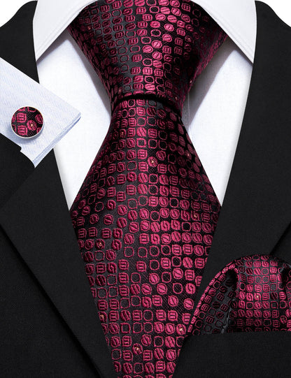 Red Black Round Floral Silk Tie, Pocket Square and Cufflinks Set tie sets    - Sophisticated Gentlemen