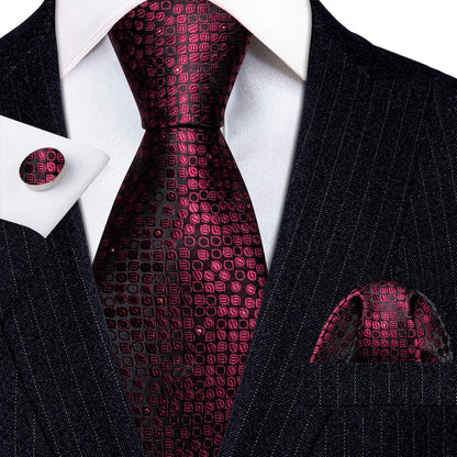Red Black Round Floral Silk Tie, Pocket Square and Cufflinks Set tie sets    - Sophisticated Gentlemen