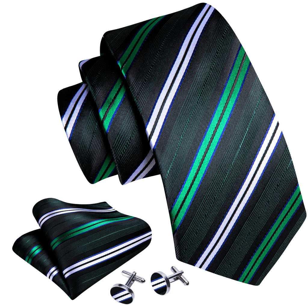 Green White Striped Silk Tie, Pocket Square and Cufflinks Set tie sets    - Sophisticated Gentlemen