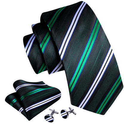 Green White Striped Silk Tie, Pocket Square and Cufflinks Set tie sets    - Sophisticated Gentlemen