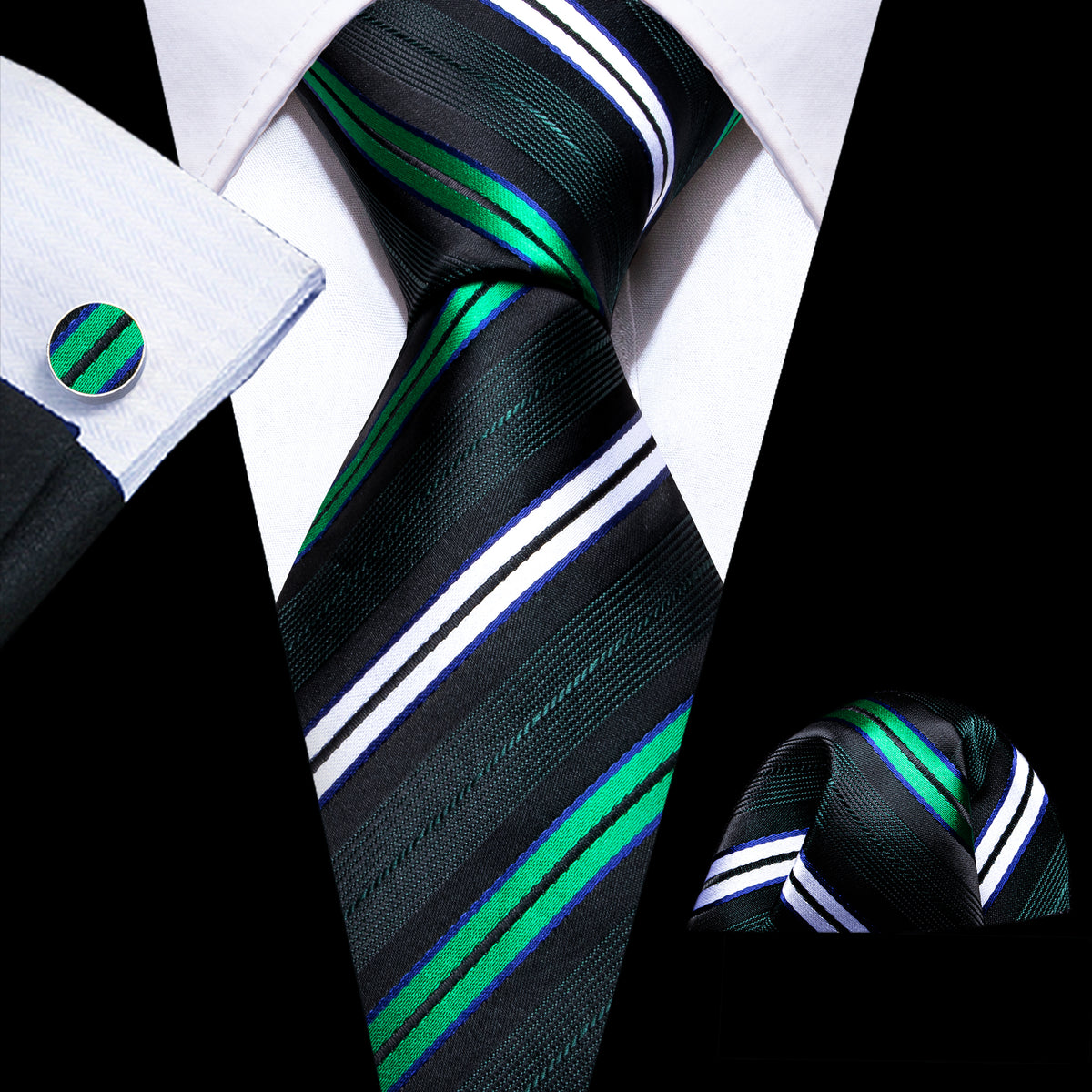 Green White Striped Silk Tie, Pocket Square and Cufflinks Set tie sets    - Sophisticated Gentlemen