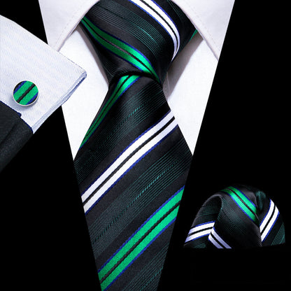 Green White Striped Silk Tie, Pocket Square and Cufflinks Set tie sets    - Sophisticated Gentlemen