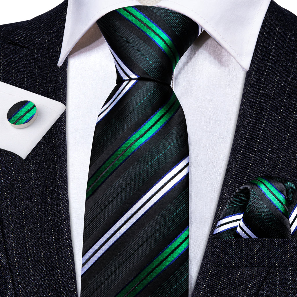 Green White Striped Silk Tie, Pocket Square and Cufflinks Set tie sets    - Sophisticated Gentlemen