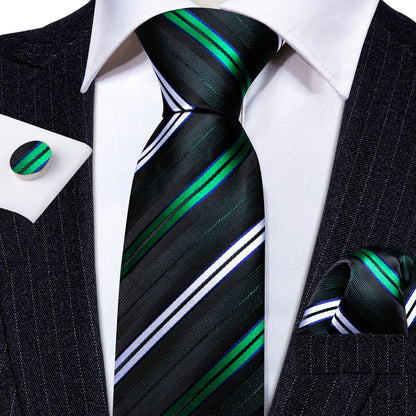 Green White Striped Silk Tie, Pocket Square and Cufflinks Set tie sets    - Sophisticated Gentlemen