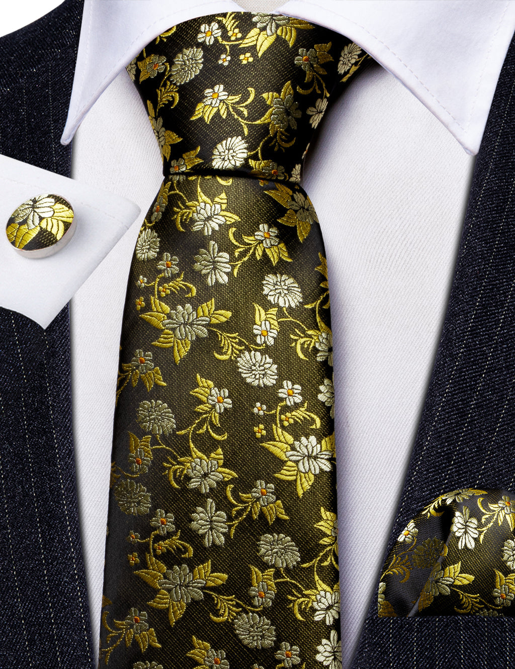 Shining Yellow Flower Silk Tie, Pocket Square and Cufflinks Set tie sets    - Sophisticated Gentlemen