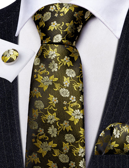 Shining Yellow Flower Silk Tie, Pocket Square and Cufflinks Set tie sets    - Sophisticated Gentlemen