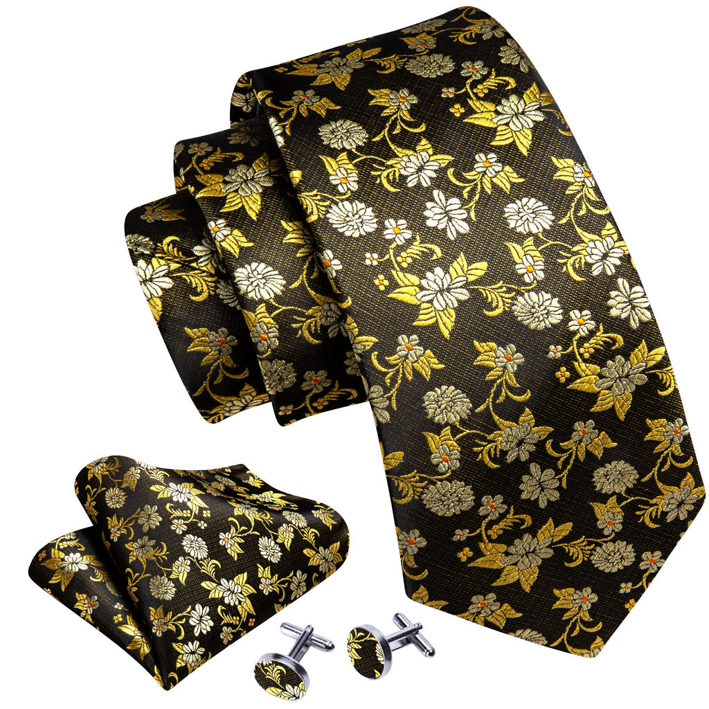 Shining Yellow Flower Silk Tie, Pocket Square and Cufflinks Set tie sets    - Sophisticated Gentlemen