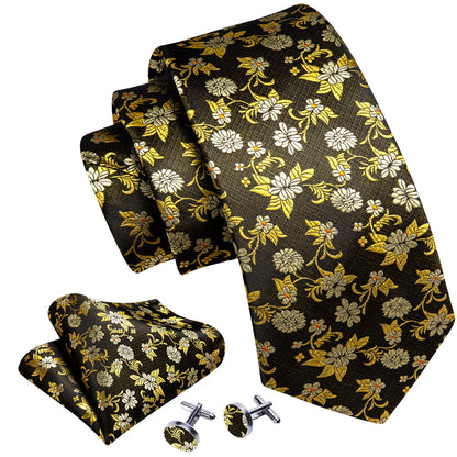 Shining Yellow Flower Silk Tie, Pocket Square and Cufflinks Set tie sets    - Sophisticated Gentlemen