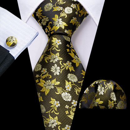 Shining Yellow Flower Silk Tie, Pocket Square and Cufflinks Set tie sets    - Sophisticated Gentlemen