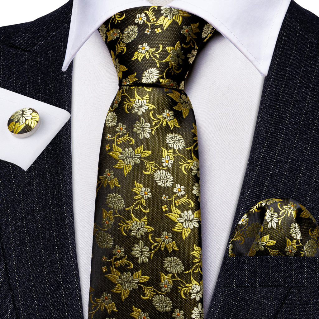 Shining Yellow Flower Silk Tie, Pocket Square and Cufflinks Set tie sets    - Sophisticated Gentlemen
