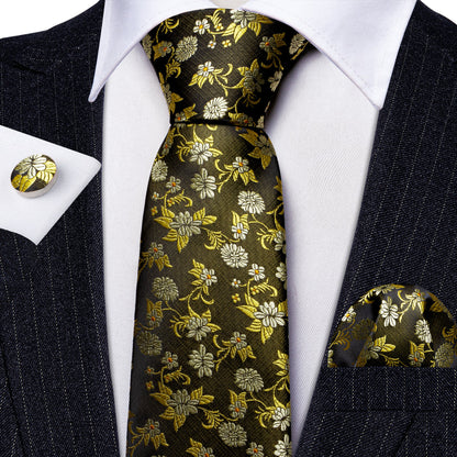 Shining Yellow Flower Silk Tie, Pocket Square and Cufflinks Set tie sets    - Sophisticated Gentlemen