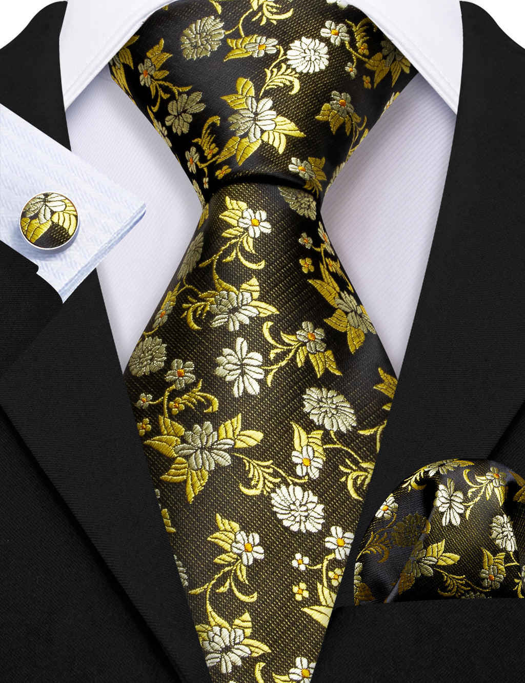 Shining Yellow Flower Silk Tie, Pocket Square and Cufflinks Set tie sets    - Sophisticated Gentlemen