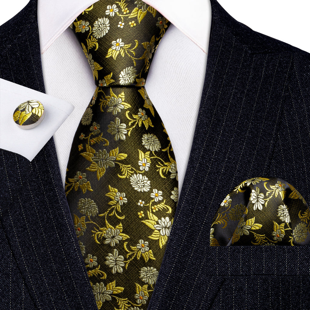 Shining Yellow Flower Silk Tie, Pocket Square and Cufflinks Set tie sets    - Sophisticated Gentlemen