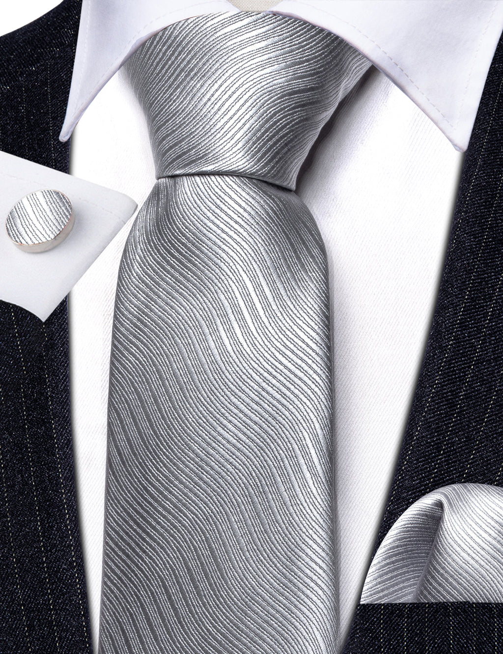 Gray White Solid Silk Tie, Pocket Square and Cufflinks Set tie sets    - Sophisticated Gentlemen