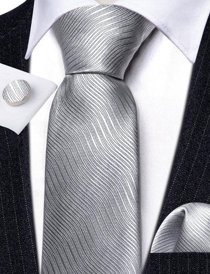 Gray White Solid Silk Tie, Pocket Square and Cufflinks Set tie sets    - Sophisticated Gentlemen
