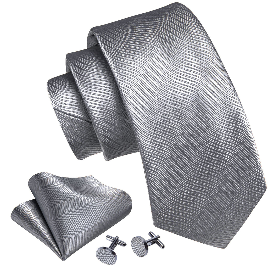 Gray White Solid Silk Tie, Pocket Square and Cufflinks Set tie sets    - Sophisticated Gentlemen