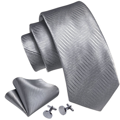 Gray White Solid Silk Tie, Pocket Square and Cufflinks Set tie sets    - Sophisticated Gentlemen