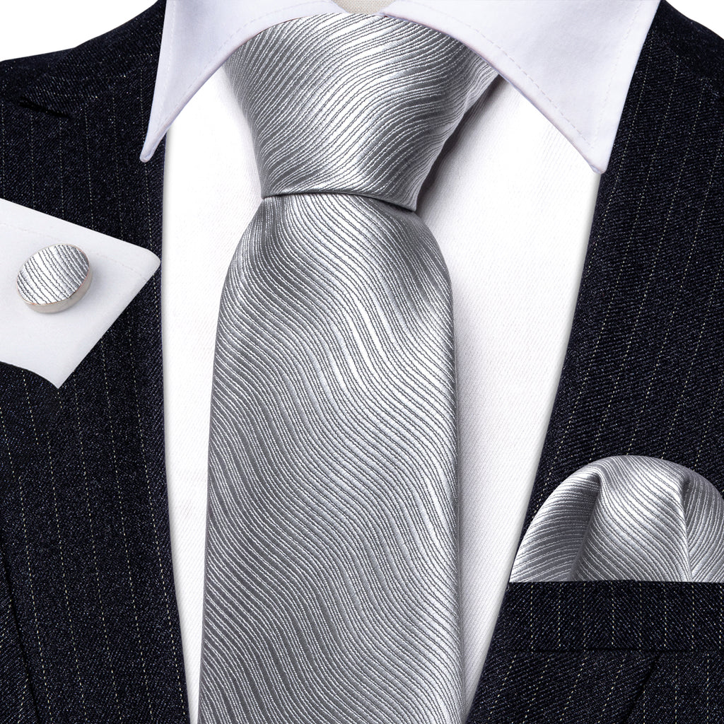 Gray White Solid Silk Tie, Pocket Square and Cufflinks Set tie sets    - Sophisticated Gentlemen
