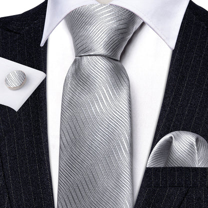 Gray White Solid Silk Tie, Pocket Square and Cufflinks Set tie sets    - Sophisticated Gentlemen