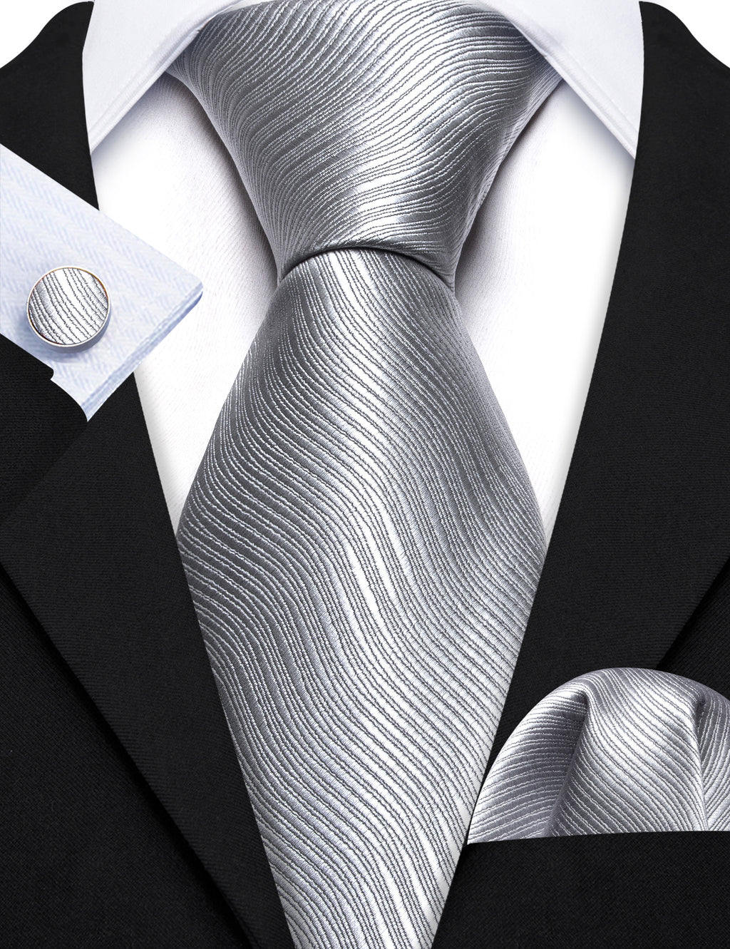 Gray White Solid Silk Tie, Pocket Square and Cufflinks Set tie sets    - Sophisticated Gentlemen