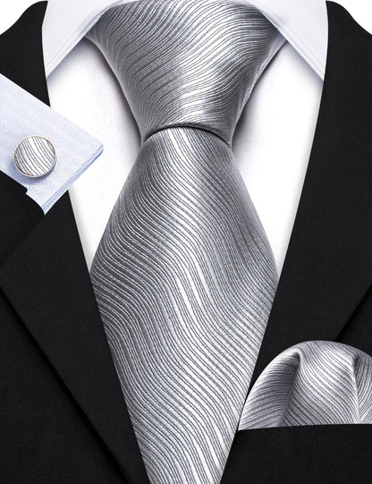 Gray White Solid Silk Tie, Pocket Square and Cufflinks Set tie sets    - Sophisticated Gentlemen