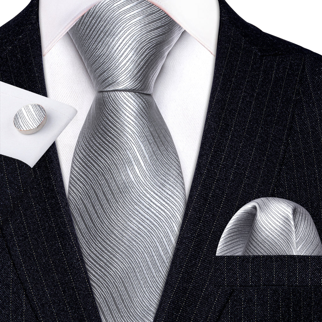 Gray White Solid Silk Tie, Pocket Square and Cufflinks Set tie sets    - Sophisticated Gentlemen