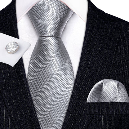 Gray White Solid Silk Tie, Pocket Square and Cufflinks Set tie sets    - Sophisticated Gentlemen