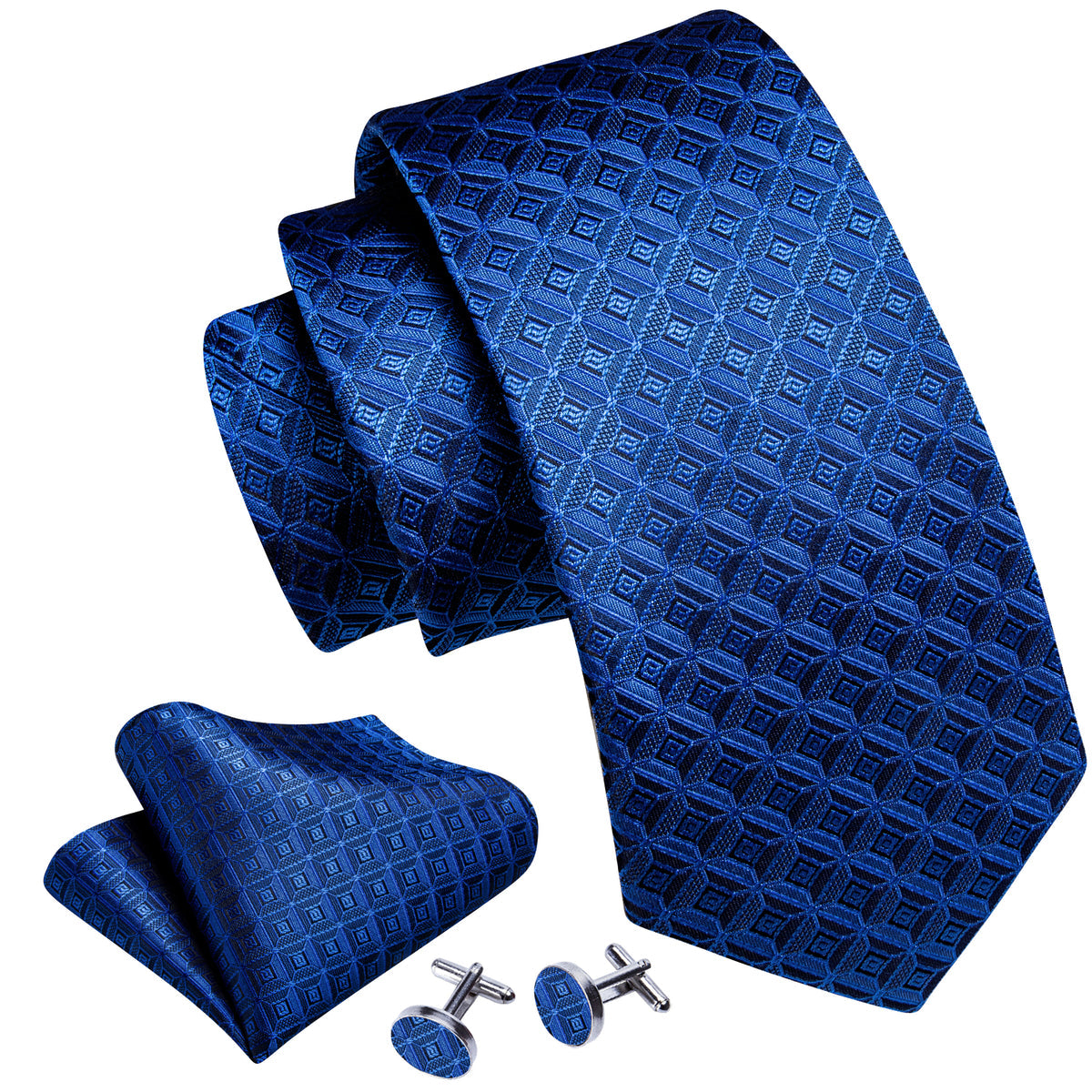 Blue Novelty Plaid Silk Tie, Pocket Square and Cufflinks Set tie sets    - Sophisticated Gentlemen