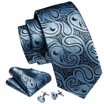 Light Blue Paisley Silk Tie, Pocket Square and Cufflinks Set tie sets    - Sophisticated Gentlemen