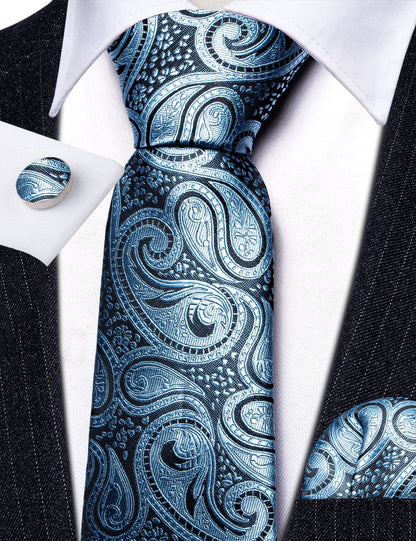Light Blue Paisley Silk Tie, Pocket Square and Cufflinks Set tie sets    - Sophisticated Gentlemen