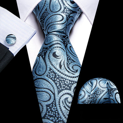 Light Blue Paisley Silk Tie, Pocket Square and Cufflinks Set tie sets    - Sophisticated Gentlemen