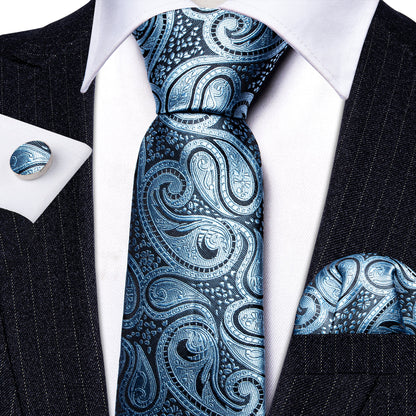 Light Blue Paisley Silk Tie, Pocket Square and Cufflinks Set tie sets    - Sophisticated Gentlemen