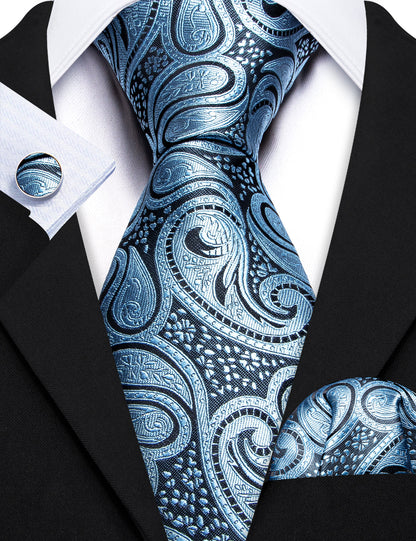 Light Blue Paisley Silk Tie, Pocket Square and Cufflinks Set tie sets    - Sophisticated Gentlemen
